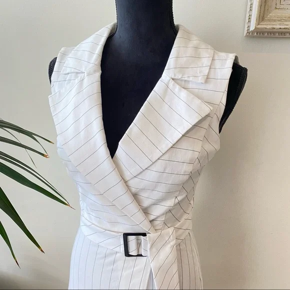 CUE Size 4 White striped Faux Wrap Cotton Summer Dress with Belt Light Stretch - Picture 6 of 10